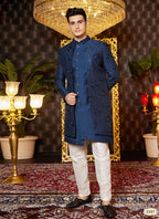 Raivat Ethnic Mens Art Silk Thread Work Indo Western In Blue Colour | Grocsy