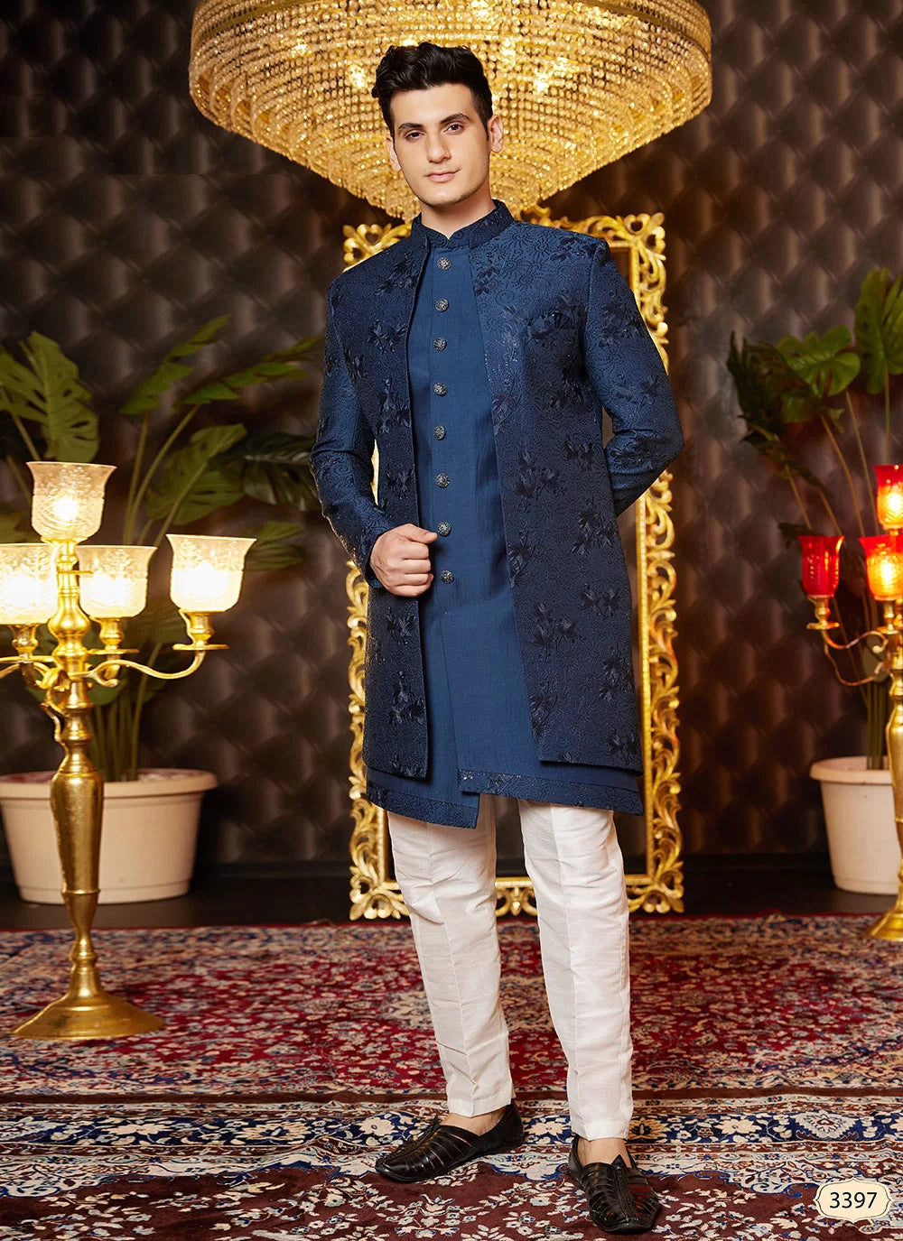 Raivat Ethnic Mens Art Silk Thread Work Indo Western In Blue Colour | Grocsy