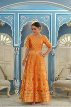 Juniper Women's Mustared Printed Brocade Festive Wear Lehenga Choli Sets | Grocsy