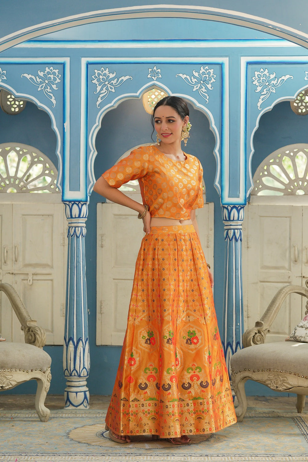 Juniper Women's Mustared Printed Brocade Festive Wear Lehenga Choli Sets | Grocsy