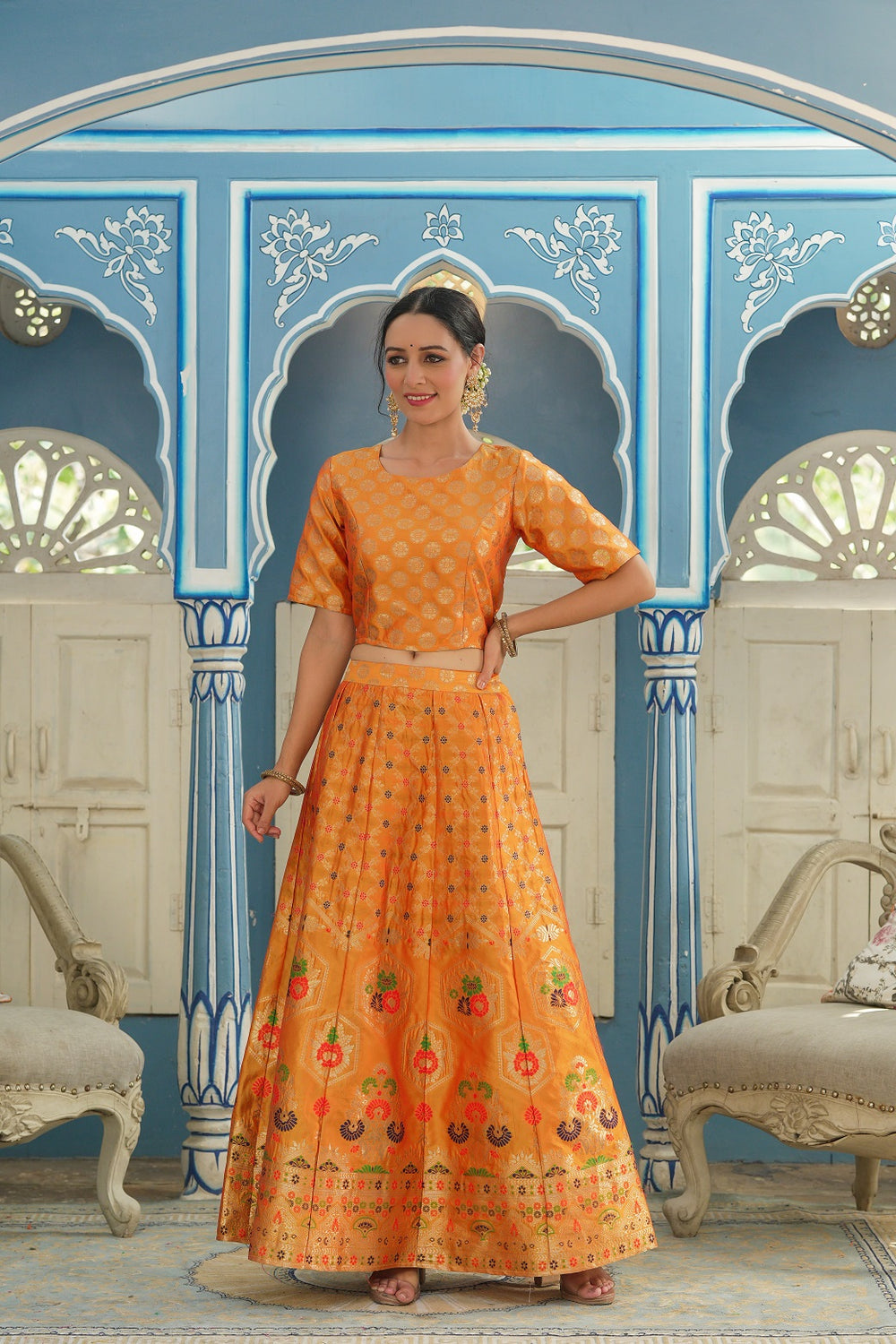 Juniper Women's Mustared Printed Brocade Festive Wear Lehenga Choli Sets | Grocsy