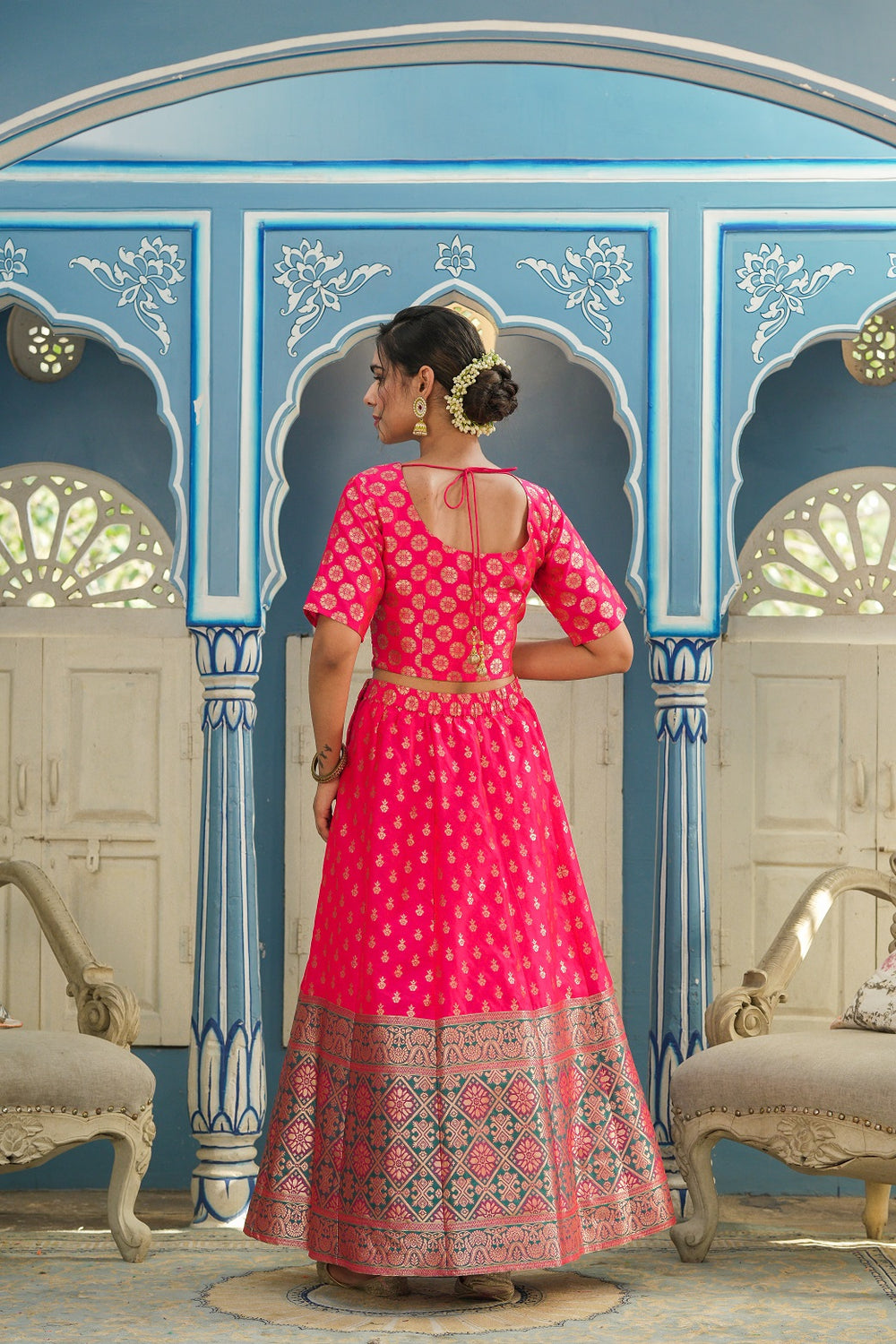 Juniper Women's Fuschia Printed Brocade Festive Wear Lehenga Choli Sets | Grocsy