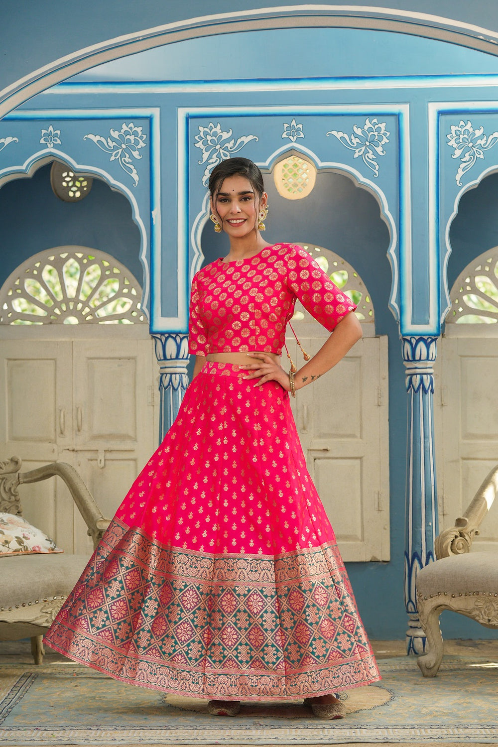 Juniper Women's Fuschia Printed Brocade Festive Wear Lehenga Choli Sets | Grocsy