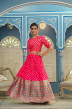 Juniper Women's Fuschia Printed Brocade Festive Wear Lehenga Choli Sets | Grocsy