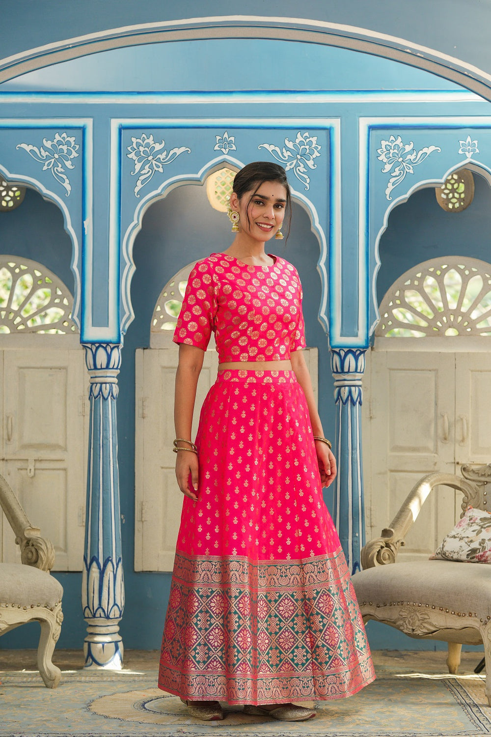 Juniper Women's Fuschia Printed Brocade Festive Wear Lehenga Choli Sets | Grocsy