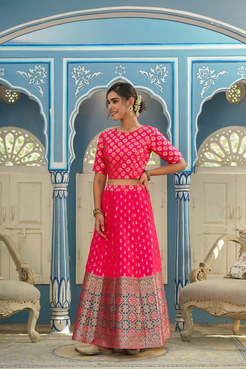 Juniper Women's Fuschia Printed Brocade Festive Wear Lehenga Choli Sets | Grocsy