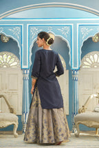 Juniper Women's Blue Solid Kurta Printed Brocade Skirt Festive Wear Lehenga Choli Sets | Grocsy