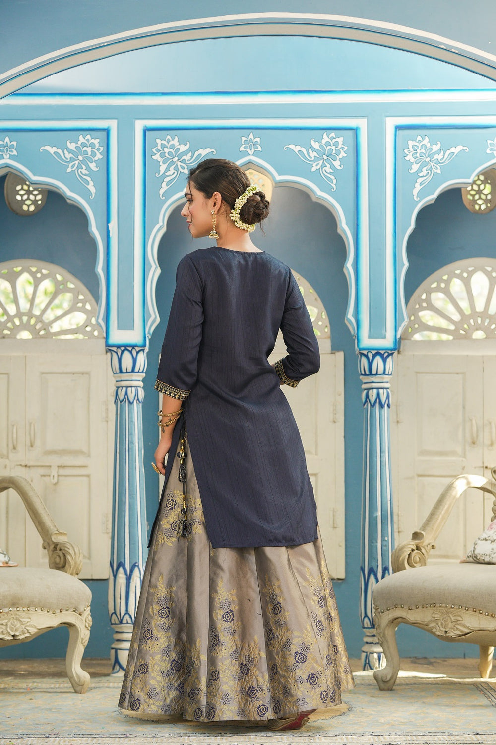 Juniper Women's Blue Solid Kurta Printed Brocade Skirt Festive Wear Lehenga Choli Sets | Grocsy