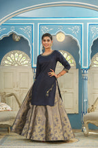 Juniper Women's Blue Solid Kurta Printed Brocade Skirt Festive Wear Lehenga Choli Sets | Grocsy