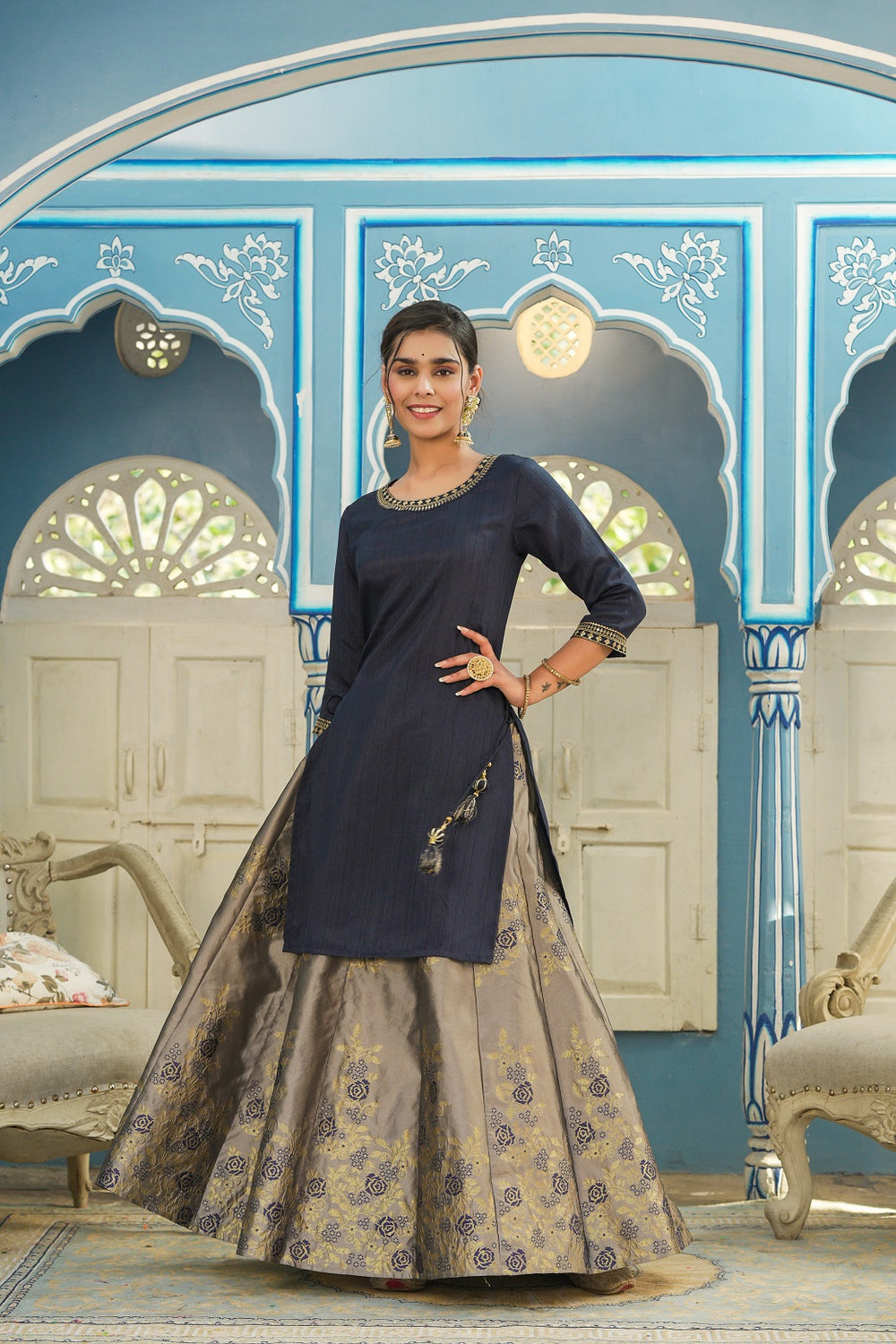 Juniper Women's Blue Solid Kurta Printed Brocade Skirt Festive Wear Lehenga Choli Sets | Grocsy