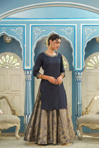 Juniper Women's Blue Solid Kurta Printed Brocade Skirt Festive Wear Lehenga Choli Sets | Grocsy