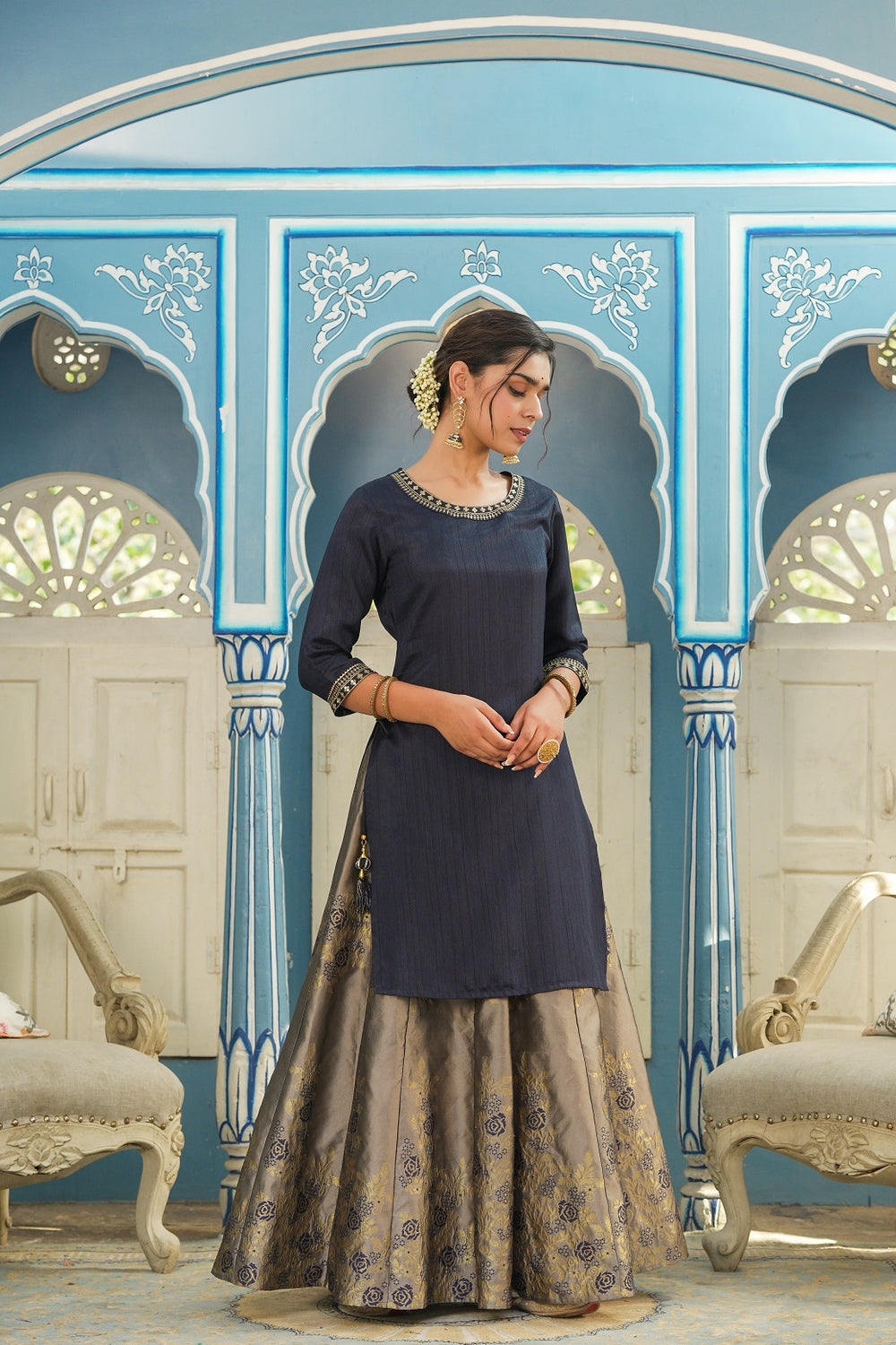 Juniper Women's Blue Solid Kurta Printed Brocade Skirt Festive Wear Lehenga Choli Sets | Grocsy