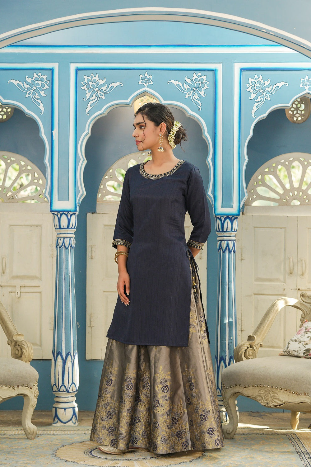 Juniper Women's Blue Solid Kurta Printed Brocade Skirt Festive Wear Lehenga Choli Sets | Grocsy
