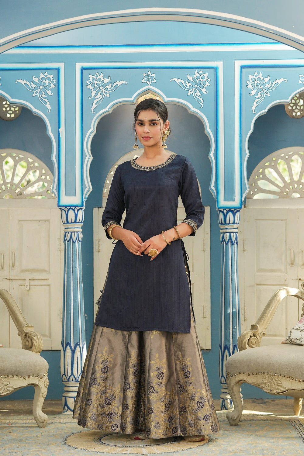 Juniper Women's Blue Solid Kurta Printed Brocade Skirt Festive Wear Lehenga Choli Sets | Grocsy