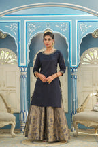 Juniper Women's Blue Solid Kurta Printed Brocade Skirt Festive Wear Lehenga Choli Sets | Grocsy