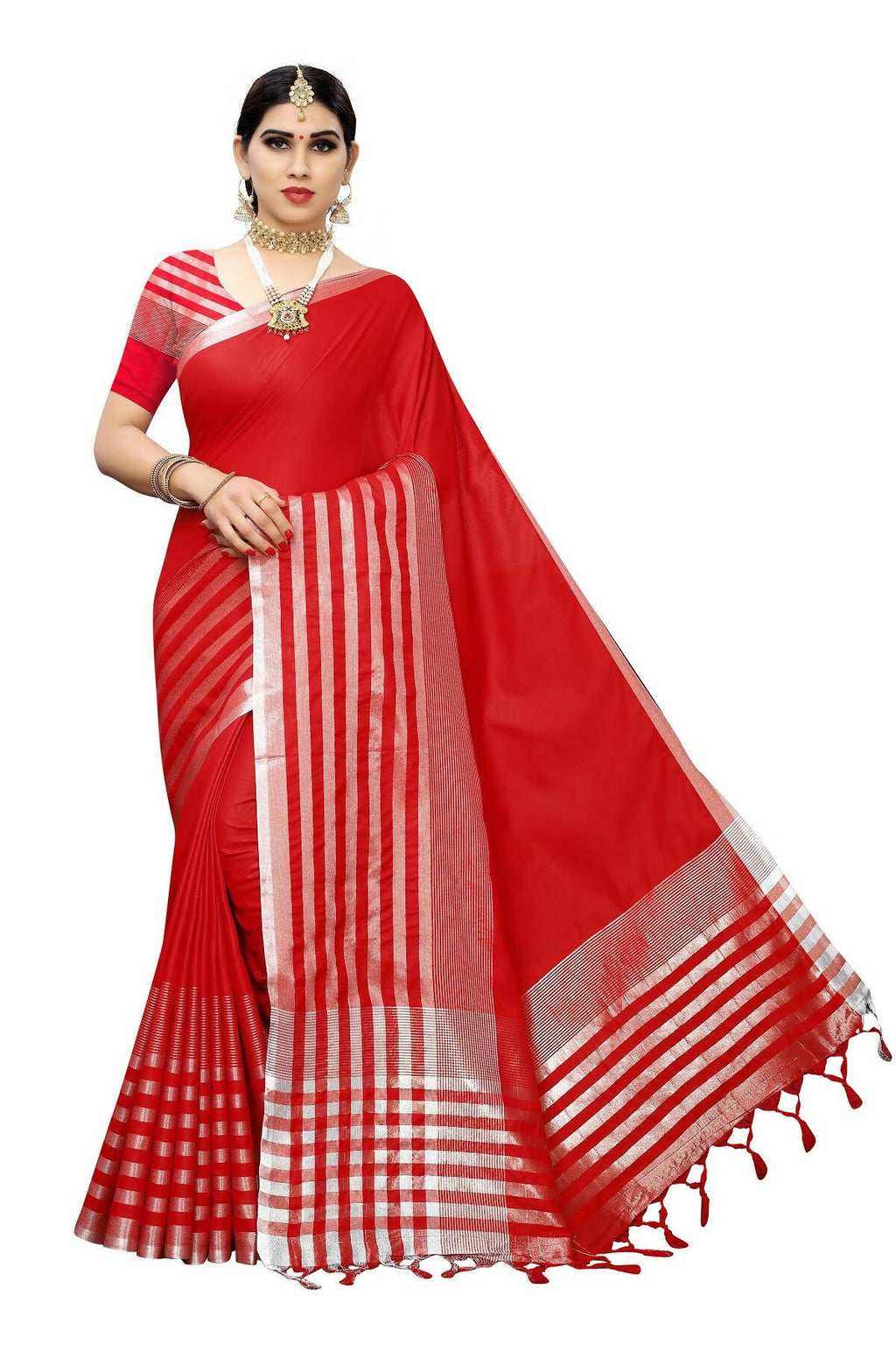 Vamika Red Cotton Silk Weaving Saree (Twitter Red) | Grocsy