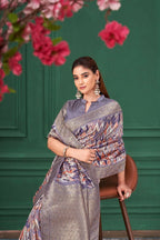 Purple Tussar Silk Jacquard Abstract Digital Print Saree with Unstitched Blouse - Mohira | Grocsy