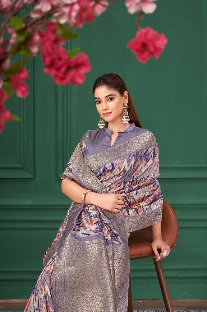 Purple Tussar Silk Jacquard Abstract Digital Print Saree with Unstitched Blouse - Mohira | Grocsy