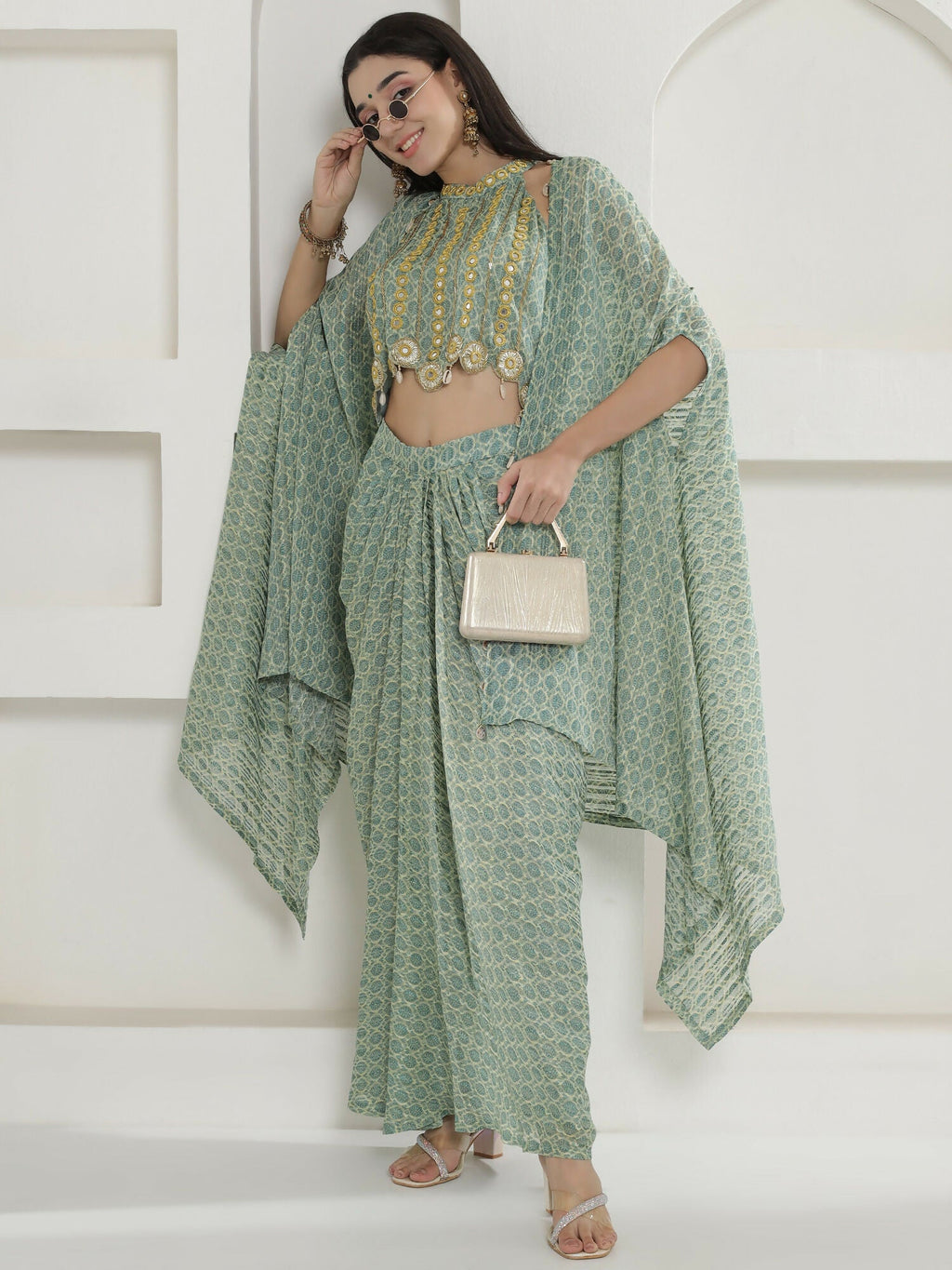 Joban Fashion Green Georgette Cape Inner And Shirt Set | Grocsy