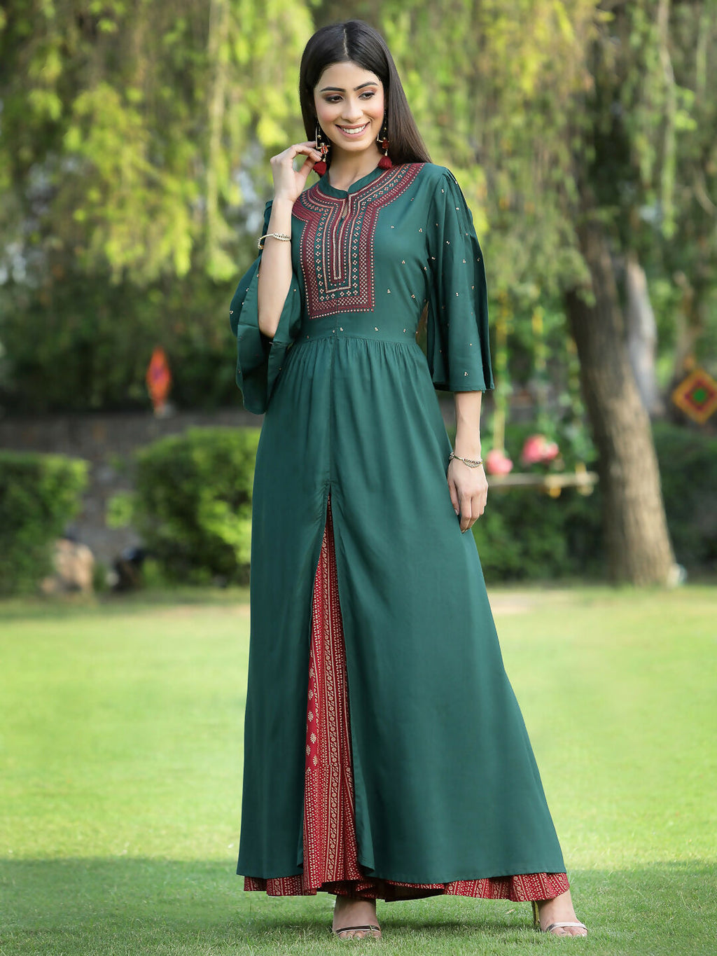 Juniper Jade Green Ethnic Motif Printed Rayon High-Slit Kurta & Palazzo Set With Thread Work Embroidery | Grocsy