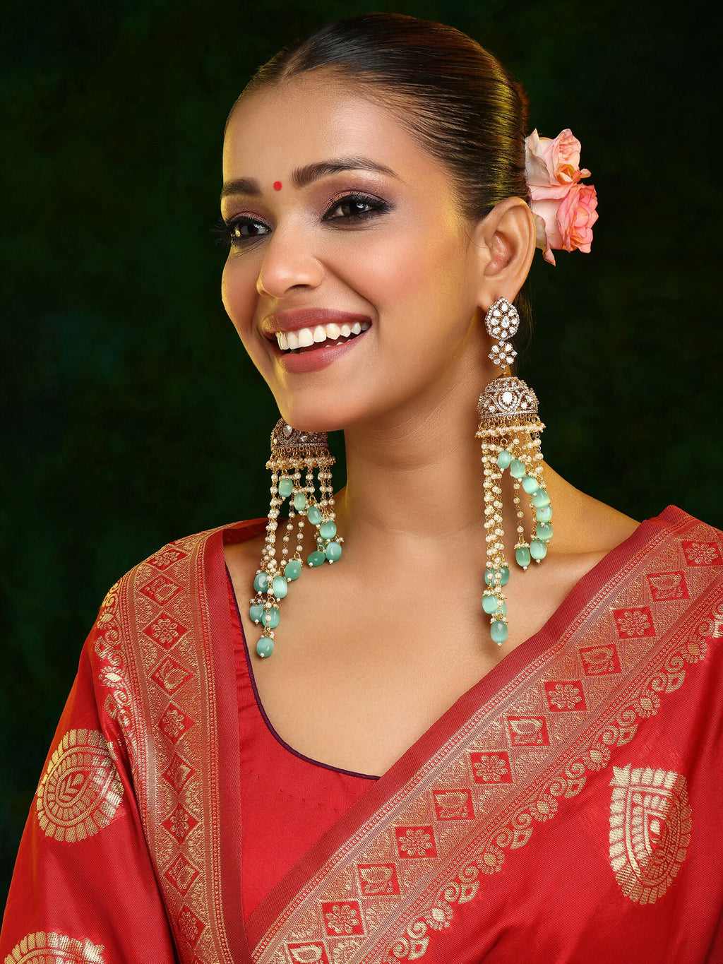 Ruby Raang 22k Gold Polished Diamond And Stone Jhumka Earrings | Grocsy