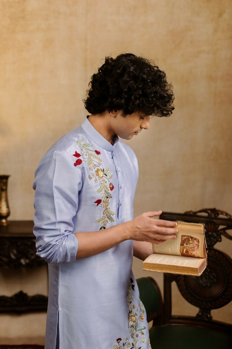 Falling Raw Silk Power Blue Botanical Bloom Kurta Set By Hilo Design | Grocsy