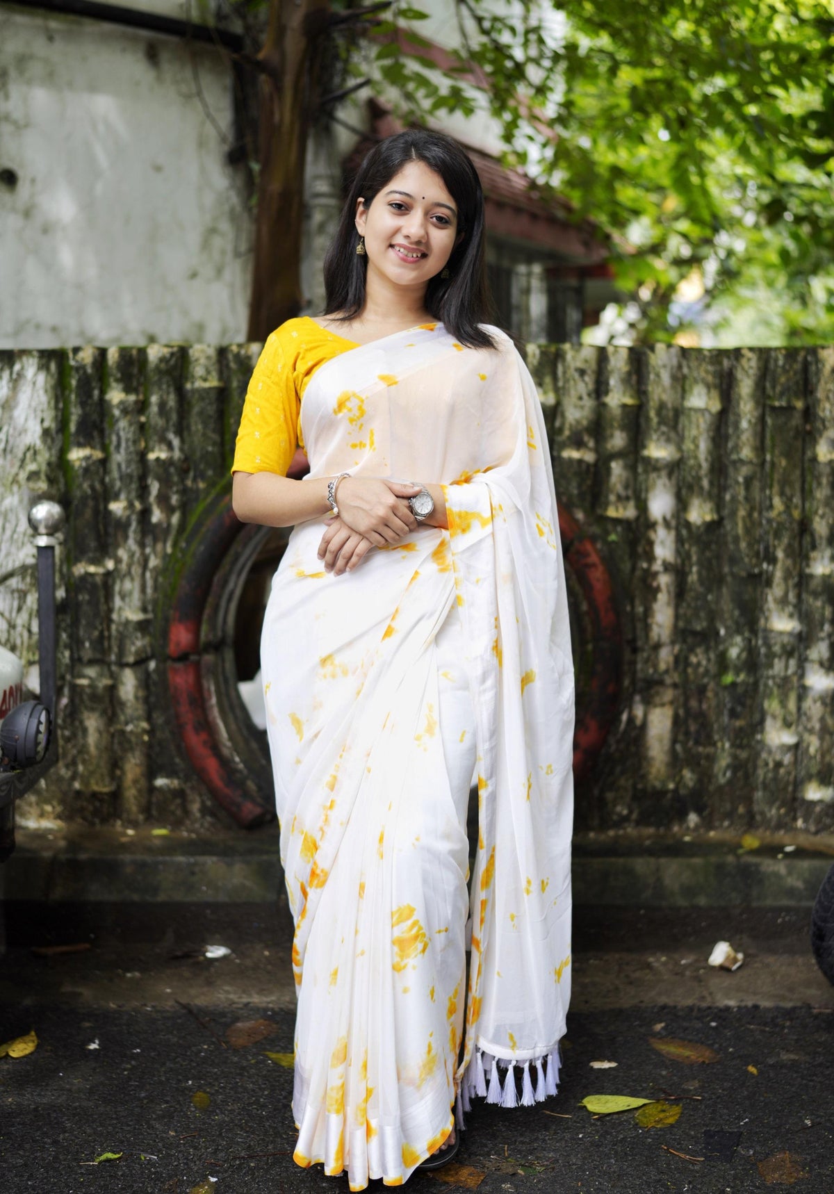 Yellow Poly Georgette Tie and Dye Saree with Unstitched Blouse - Hiral Fashion | Grocsy