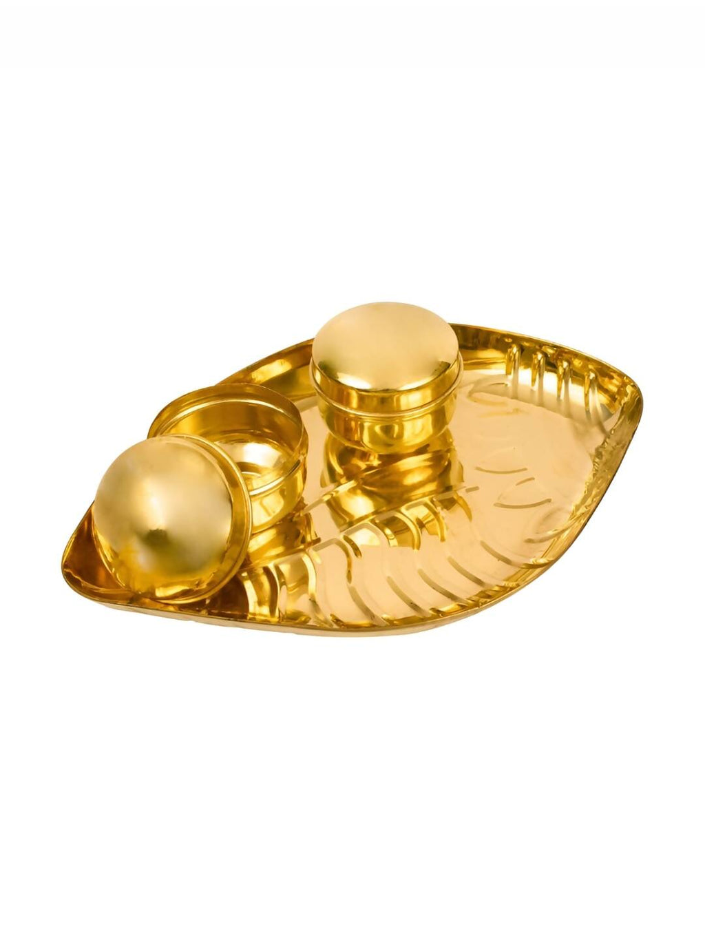 Spillbox Gold-toned Textured Brass Sangu Thali With 2 Pieces Bowl Pooja Essential | Grocsy