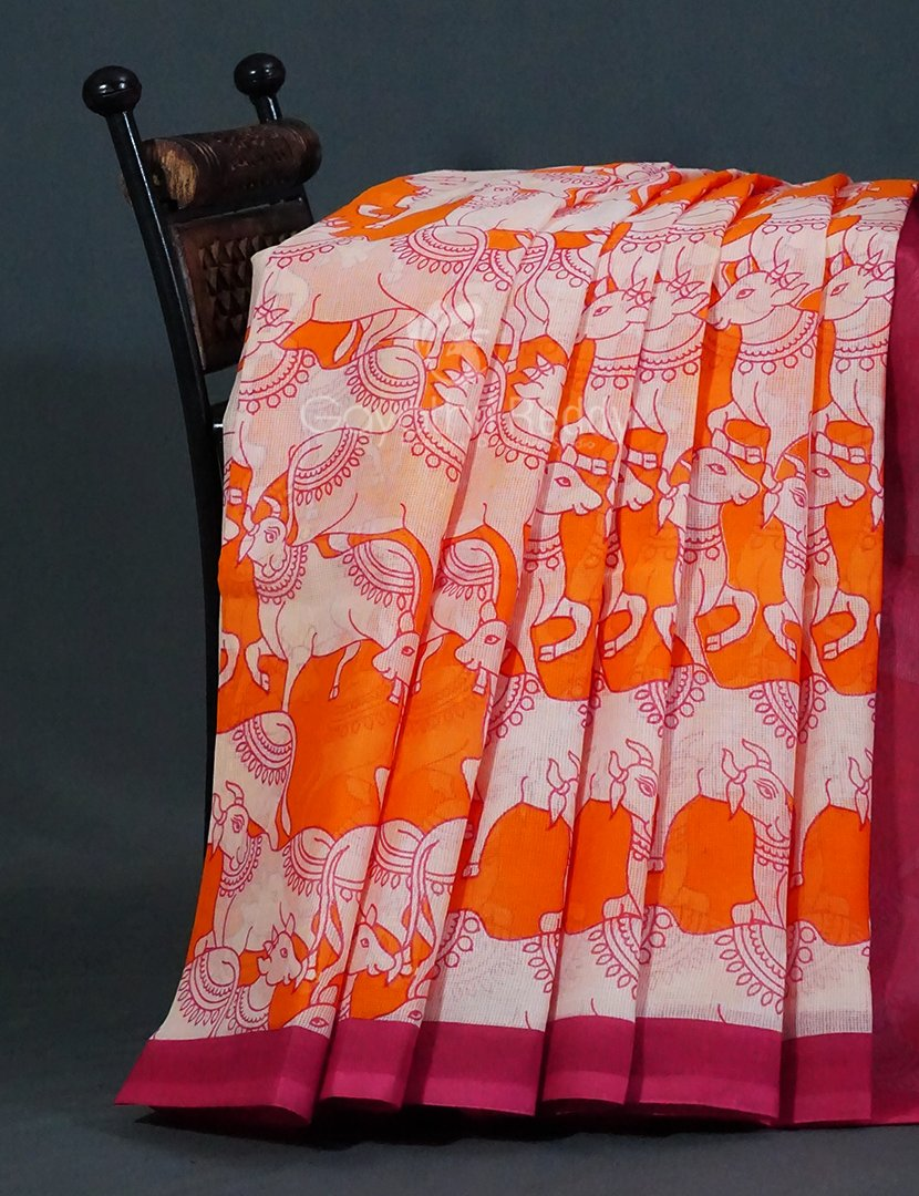 Shades of Orange And Pink With Pichwai Print Munga Cotton Saree By Gayathri Reddy Designer Studio | Grocsy