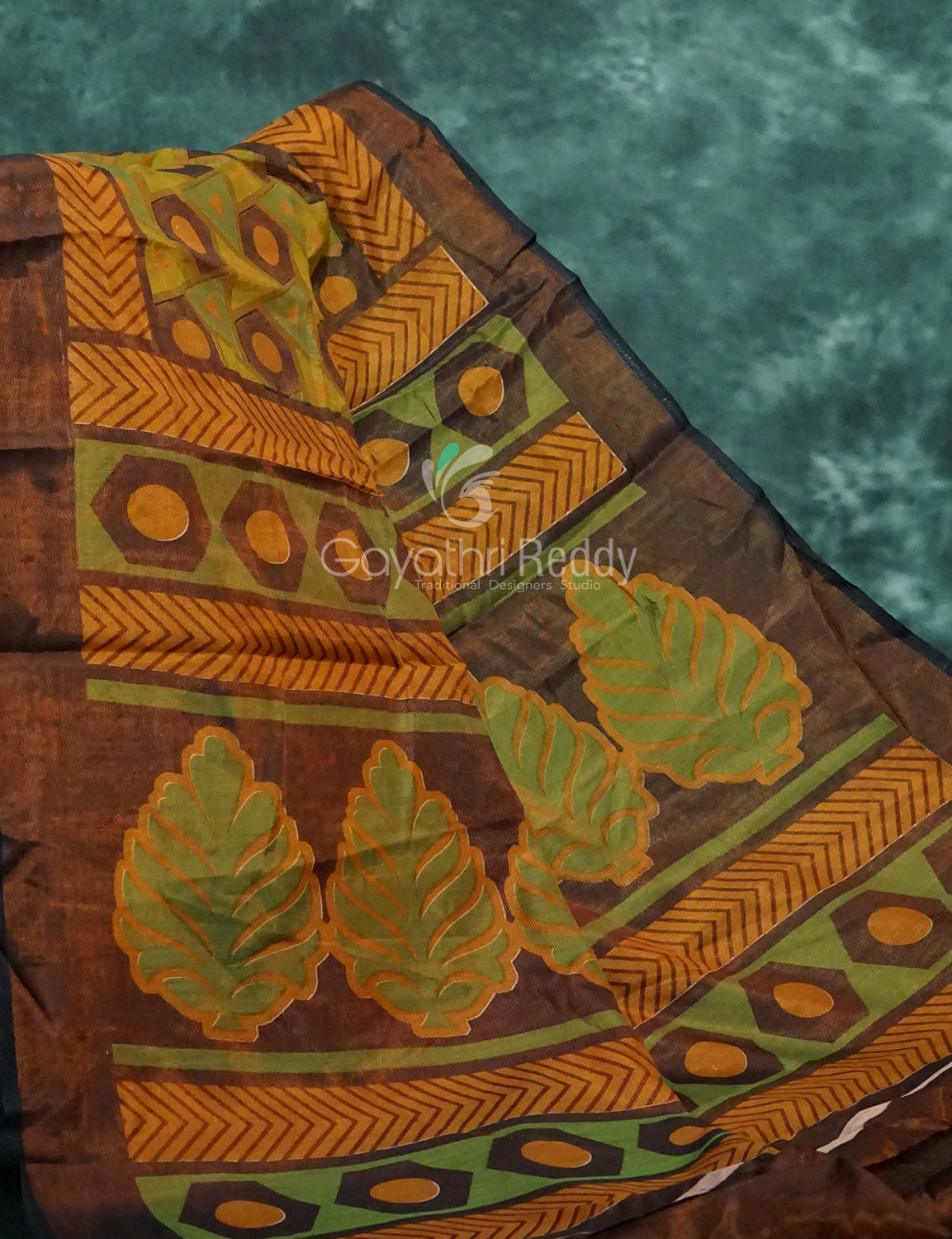 Henna Green And Henna Brown Coloured Geometrical Print Semi Chanderi Saree By Gayathri Reddy Designer Studio | Grocsy