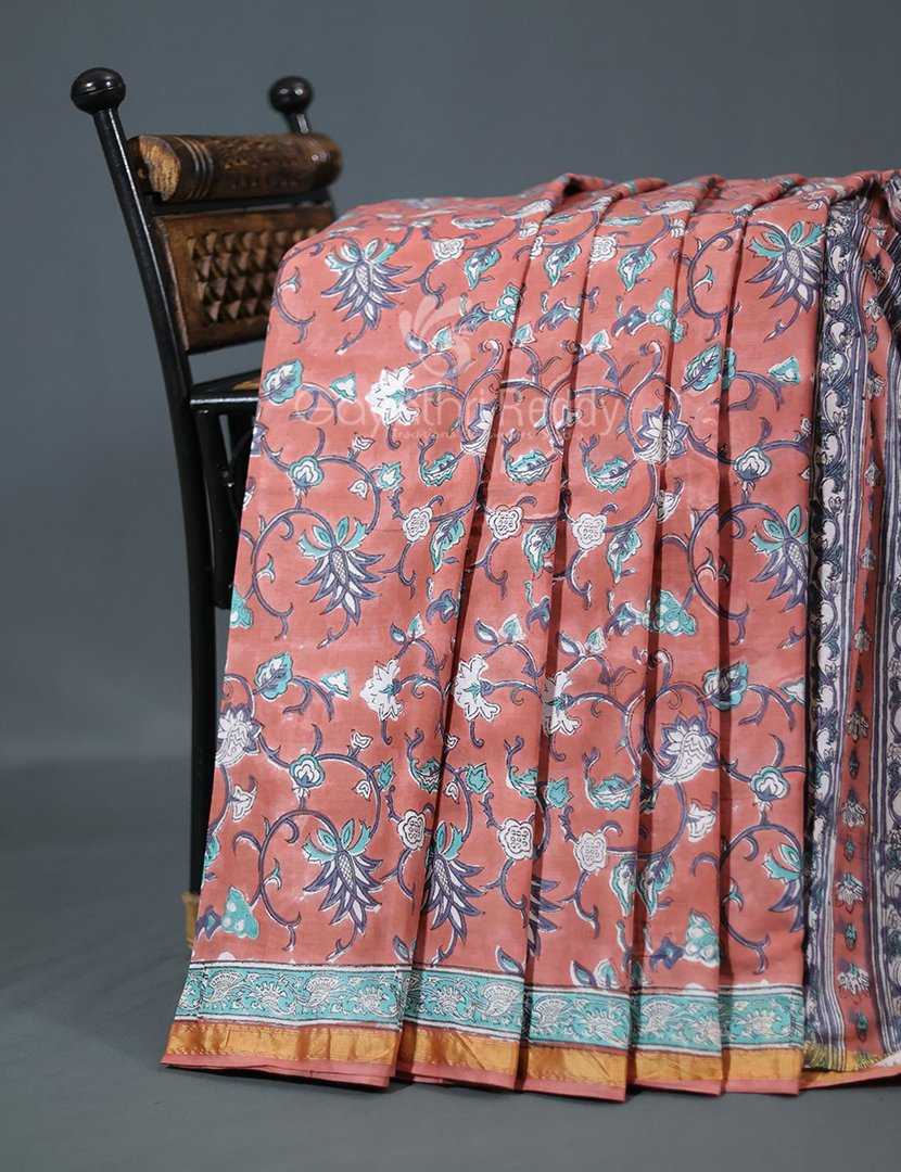 Pastel Chikoo Coloured Combination Printed Cotton Saree By Gayathri Reddy Designer Studio | Grocsy