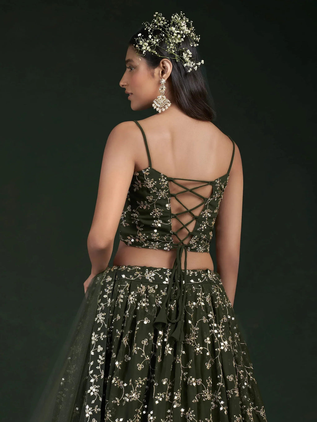 Tulsi Art Desirable Olive Green Sequins Embroidered Georgette Lehenga Choli | Grocsy