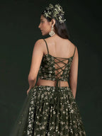 Tulsi Art Desirable Olive Green Sequins Embroidered Georgette Lehenga Choli | Grocsy