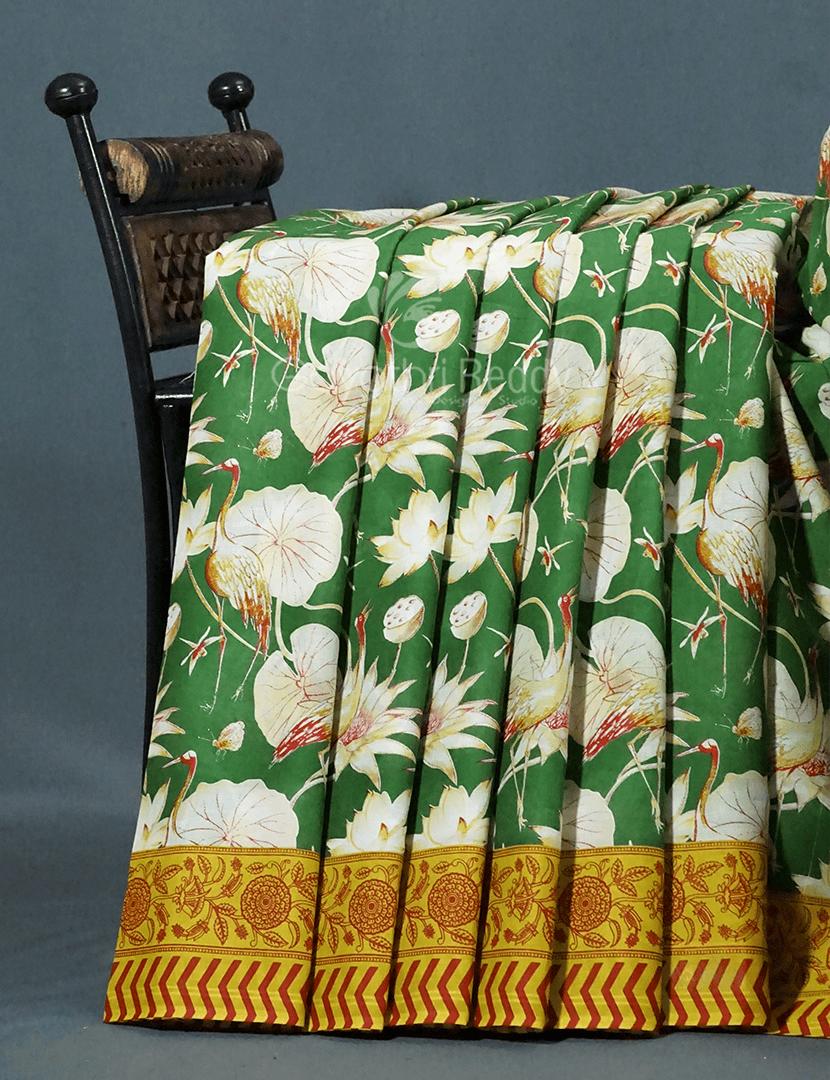 Block Print Mango Green Coloured Mulmul Cotton Saree By Gayathri Reddy Designer Studio | Grocsy