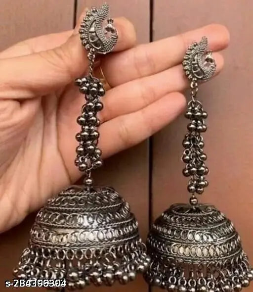Tehzeeb Creations Women's Black Colour Oxidised Earrings In Jhumki Style | Grocsy