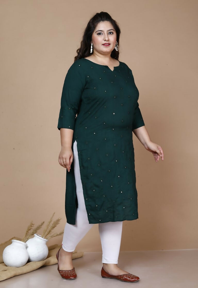 Miravan Women's Plus Size Green Embroidered Straight Kurti | Grocsy