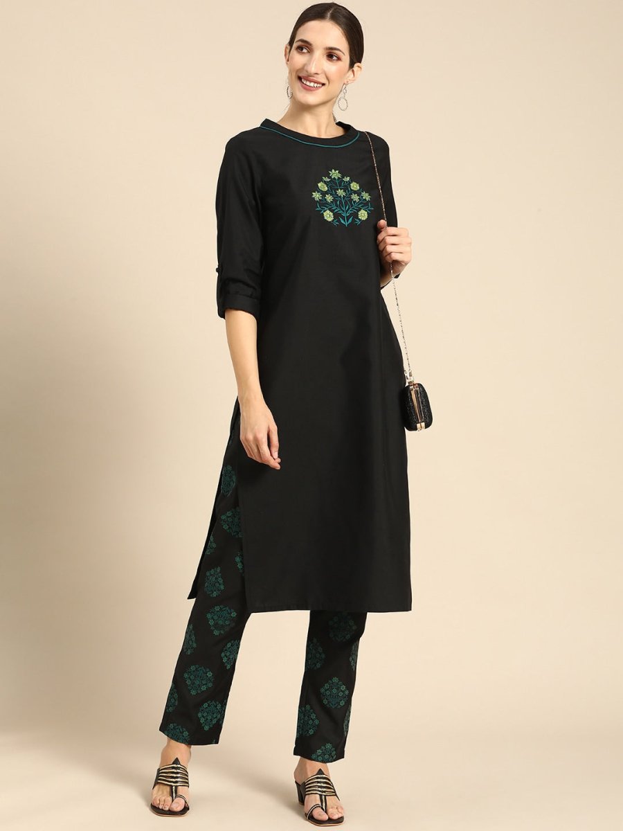 All About You Women Black Floral Yoke Design Regular Thread Work Kurta with Trousers | Grocsy