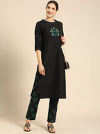 All About You Women Black Floral Yoke Design Regular Thread Work Kurta with Trousers | Grocsy
