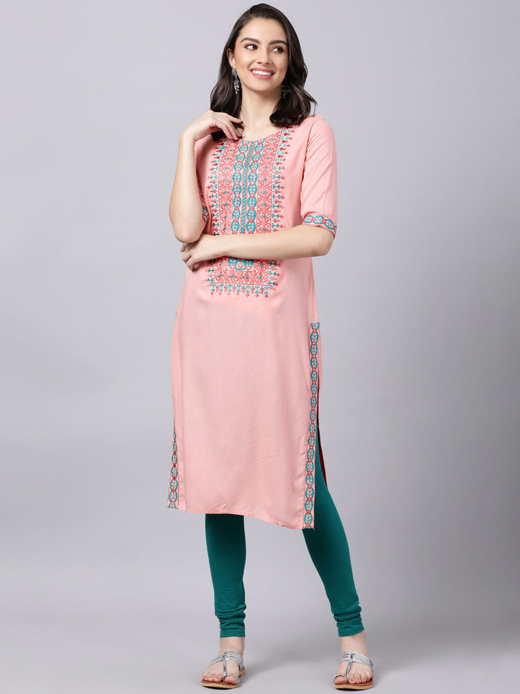 Souchii Women Peach-Coloured & Blue Ethnic Motifs Yoke Design Thread Work Pastels Kurta | Grocsy