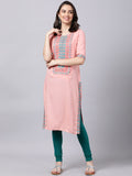 Souchii Women Peach-Coloured & Blue Ethnic Motifs Yoke Design Thread Work Pastels Kurta | Grocsy