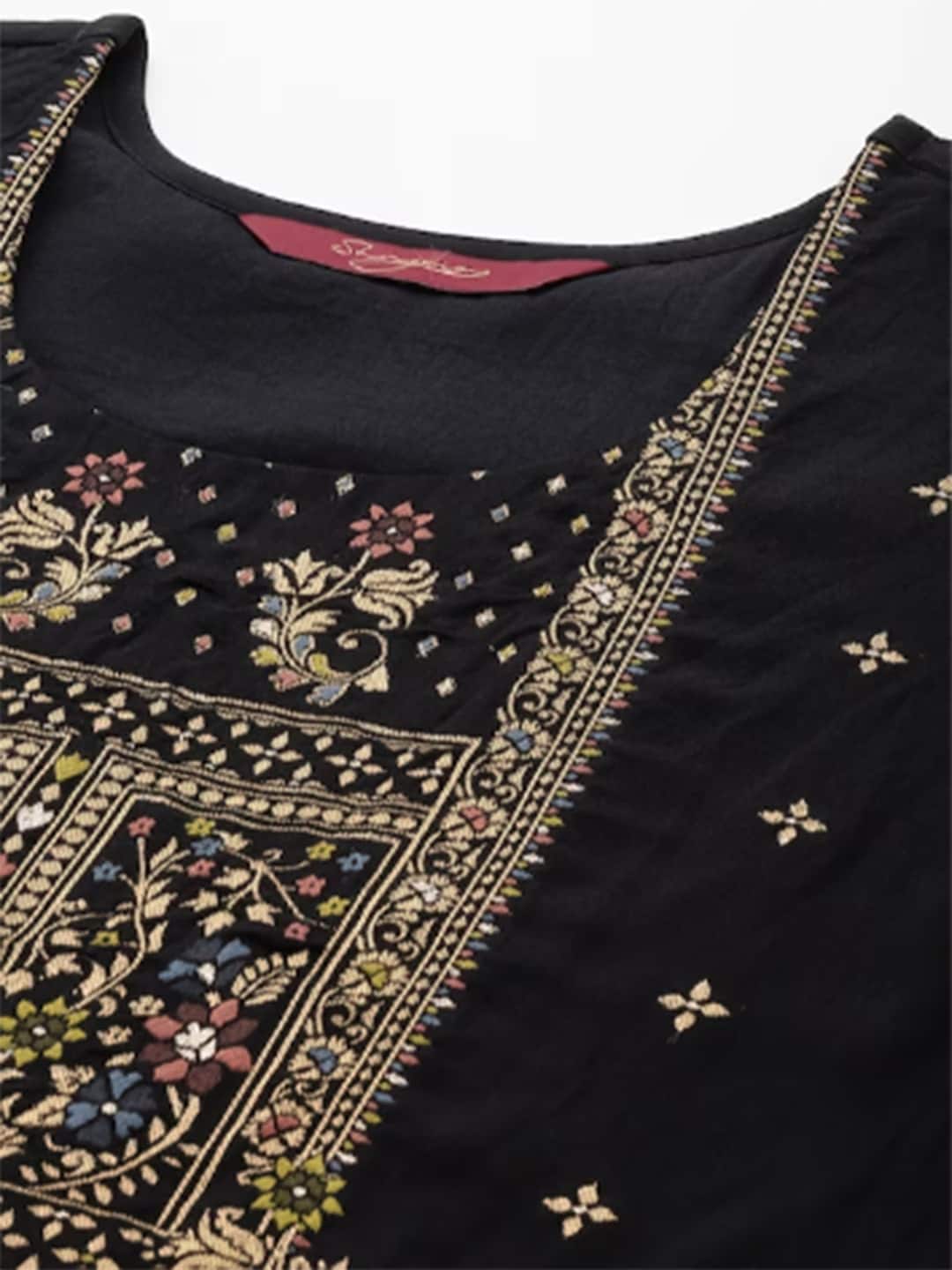 Sangria Women Black Floral Yoke Design Regular Kurta with Trousers & With Dupatta | Grocsy