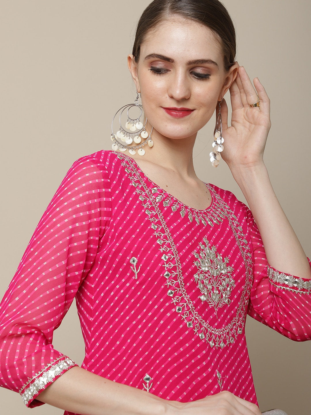 Sangria Women Pink Floral Embroidered Georgette Straight Kurta | Grocsy