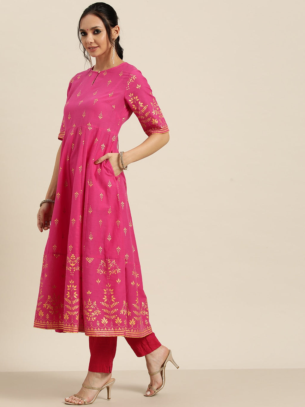 Sangria Women Pink & Golden Ethnic Motifs Printed Keyhole Neck Kurta | Grocsy