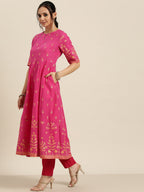 Sangria Women Pink & Golden Ethnic Motifs Printed Keyhole Neck Kurta | Grocsy