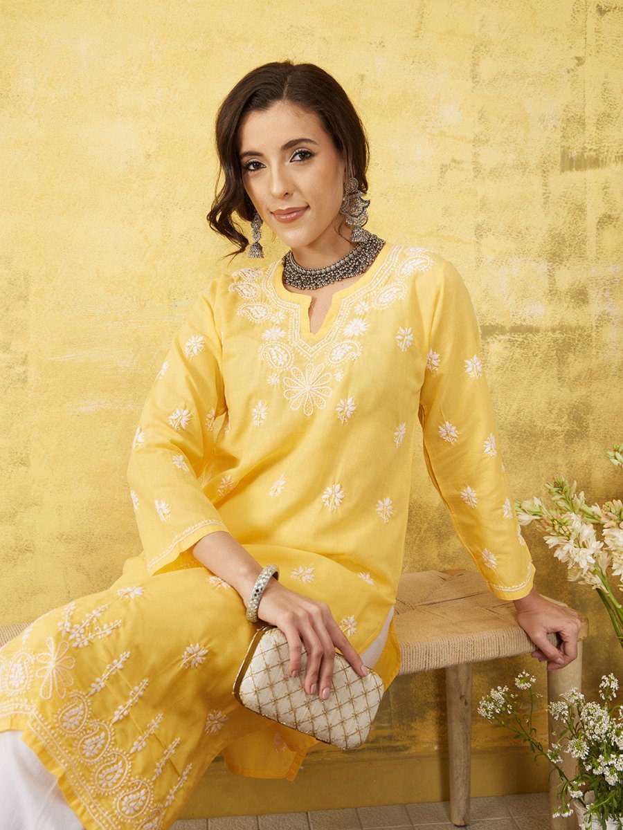 ADA Women Yellow & White Chikankari Embroidered Straight Sustainable Handloom Kurta | Grocsy