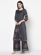 Aniyah Rayon Dark Grey Color Block Print Straight Kurta Palazzo Set (AN-202K) | Grocsy