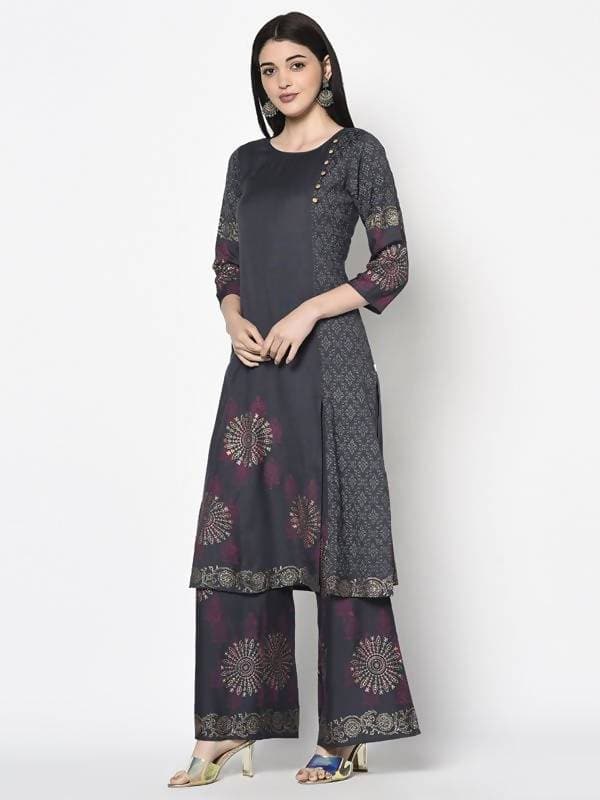 Aniyah Rayon Dark Grey Color Block Print Straight Kurta Palazzo Set (AN-202K) | Grocsy