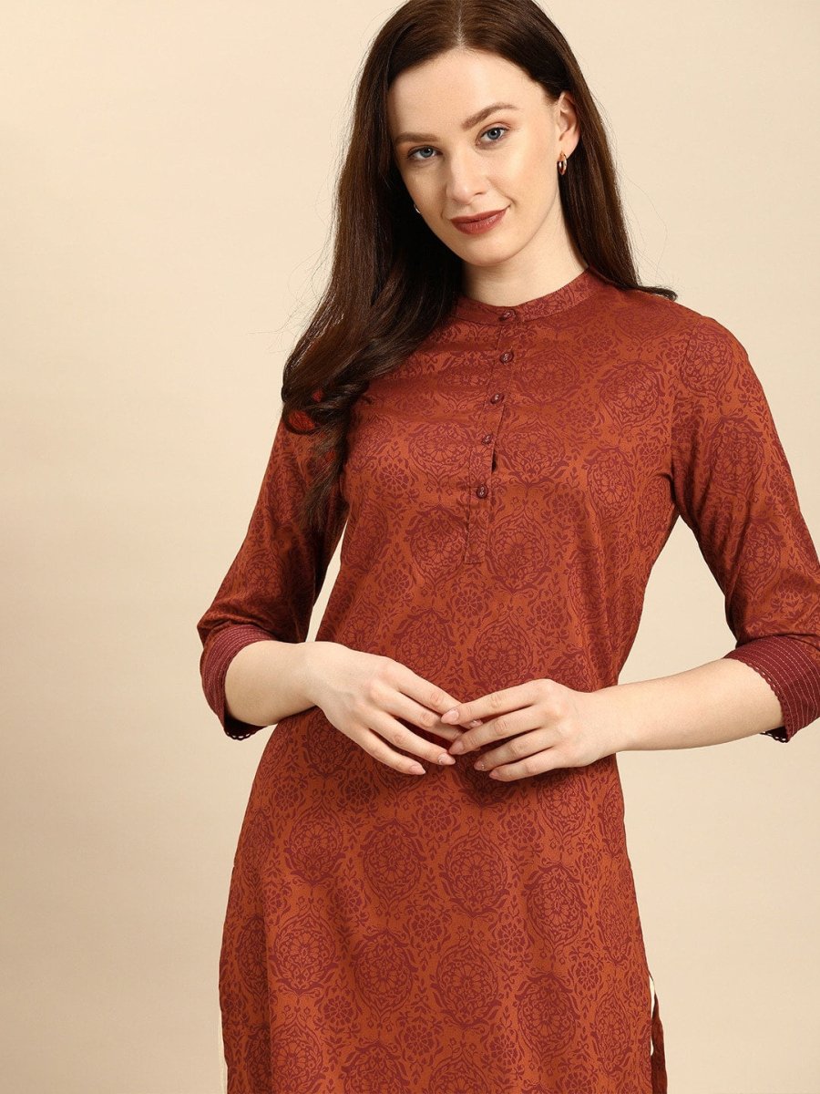 All About You Women Rust Brown Ethnic Motifs Printed Straight Kurta | Grocsy