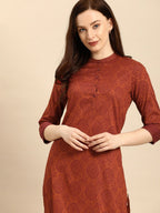 All About You Women Rust Brown Ethnic Motifs Printed Straight Kurta | Grocsy