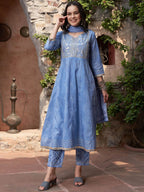 Sangria Blue Printed & Embroidered Pure Cotton A-Line Kurta With Trouser & Dupatta | Grocsy